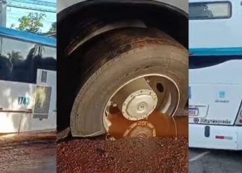 Rompimento de adutora causa afundamento de asfalto e danifica ônibus na Avenida Sobral