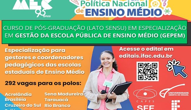 Ifac abre inscrições para especialização em Gestão da Escola Pública de Ensino Médio