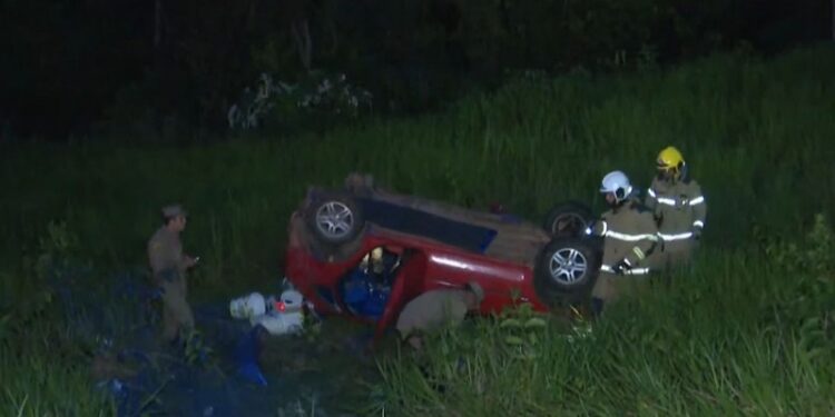 Carro capota e deixa três pessoas feridas na BR-364 neste domingo